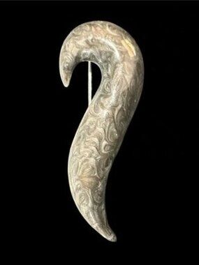 Vintage Enamel Brooch Pin Silver Tone Gray Swirl Pattern Abstract Art 2 Inch